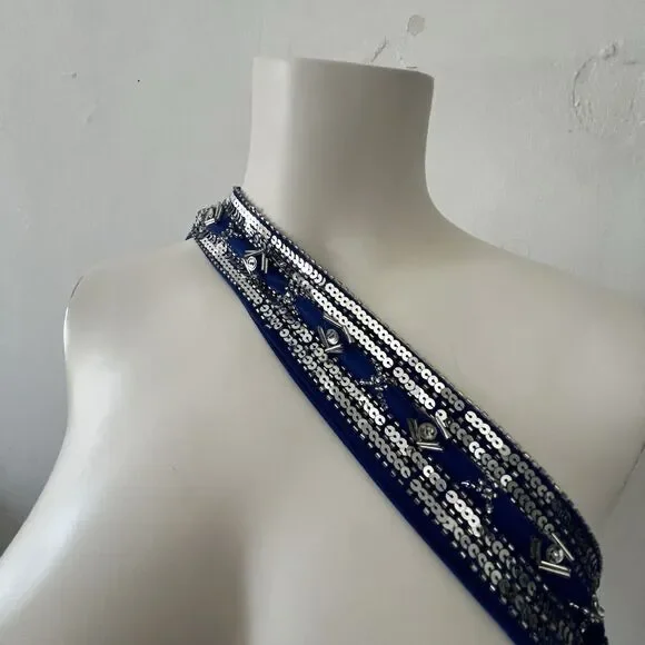 Betsy And Adam Beaded One Shoulder Floor Length Dress Gown 4 Blue Winter Holiday - Picture 11 of 13